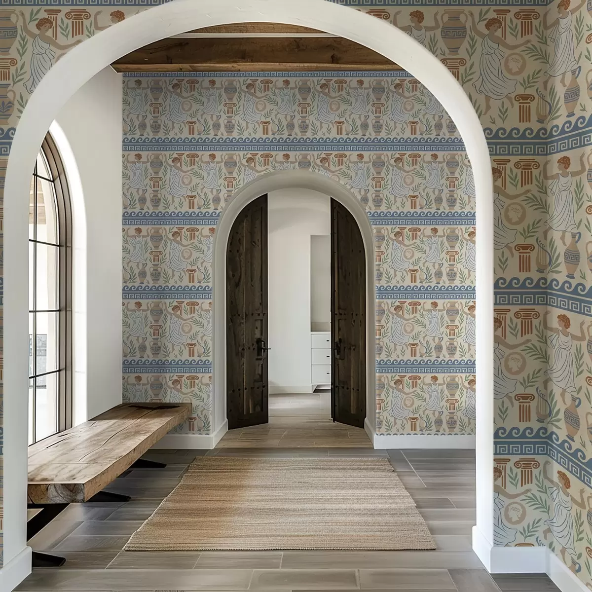 Tapetai Senovės graikų ornamentas su figūromis, vazomis ir kolonomis a00768