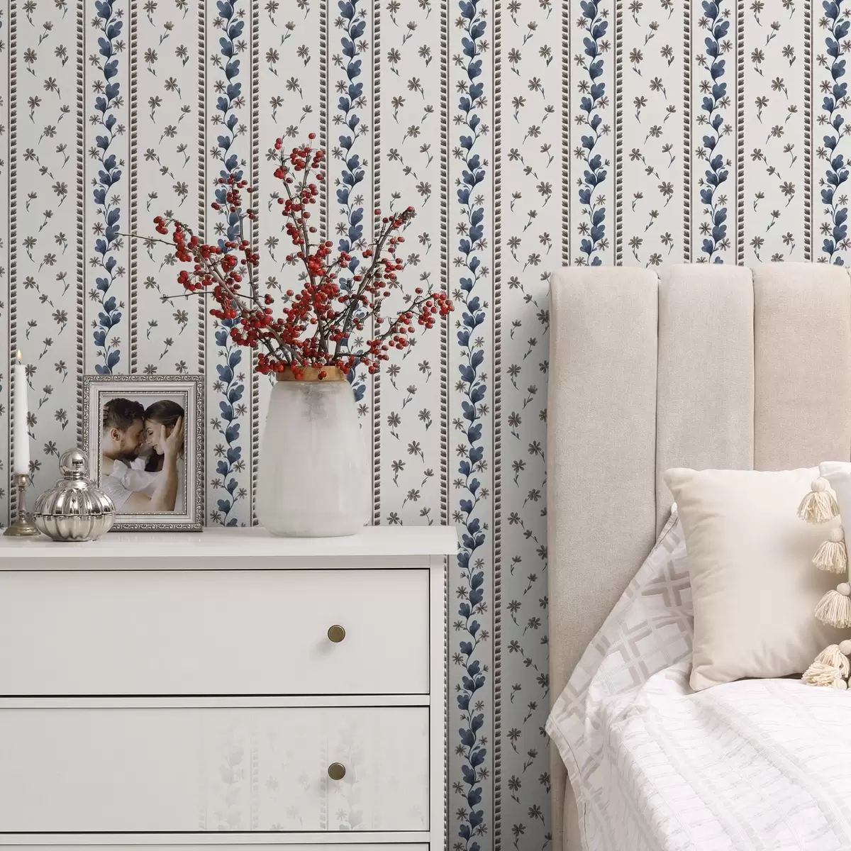 Tapetai Vertikalios gėlių juostos mėlynai rudos spalvos atspalviais a00811v2