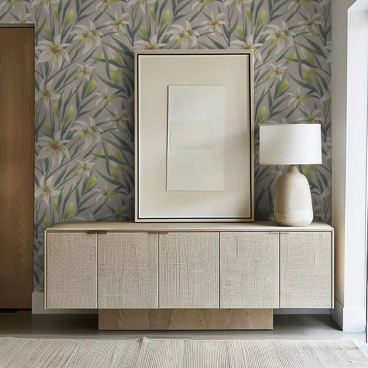 Tapetai Kreminės lelijos su lapais ant pilkai-smėlio fono a00837