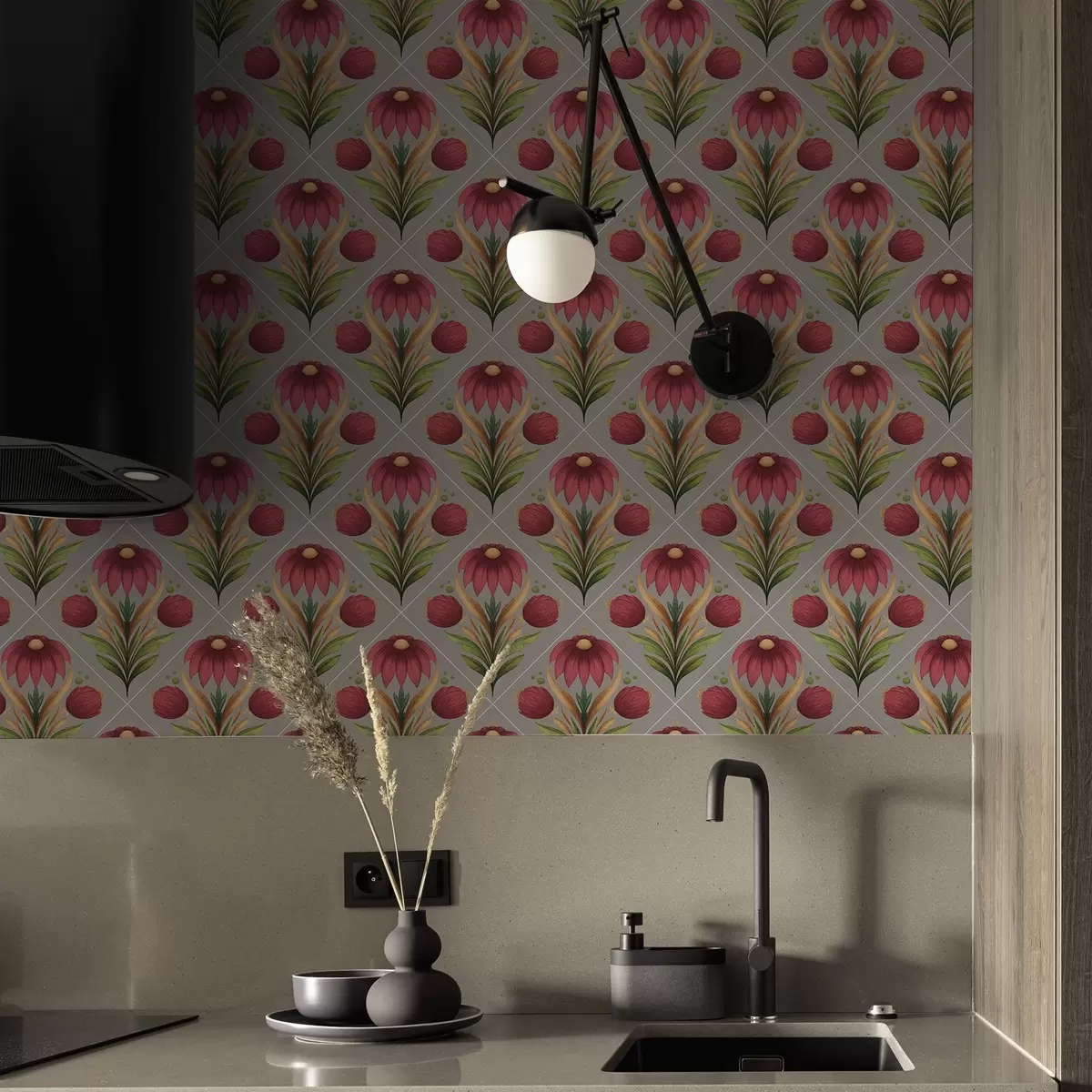 Tapetai Simetriškas gėlių ornamentas ant pilko fono su įstrižainėmis a00869