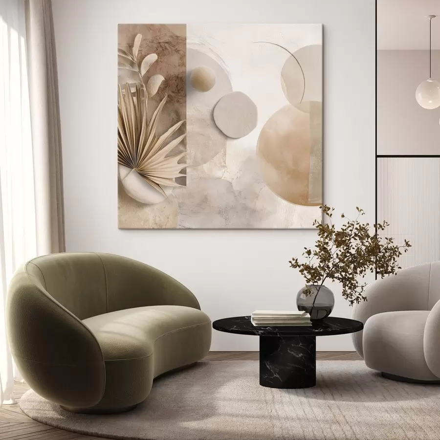 Paveikslėlis Džiovinti palmių lapai ir 3D apskritimai smėlio spalvos tonais s46310