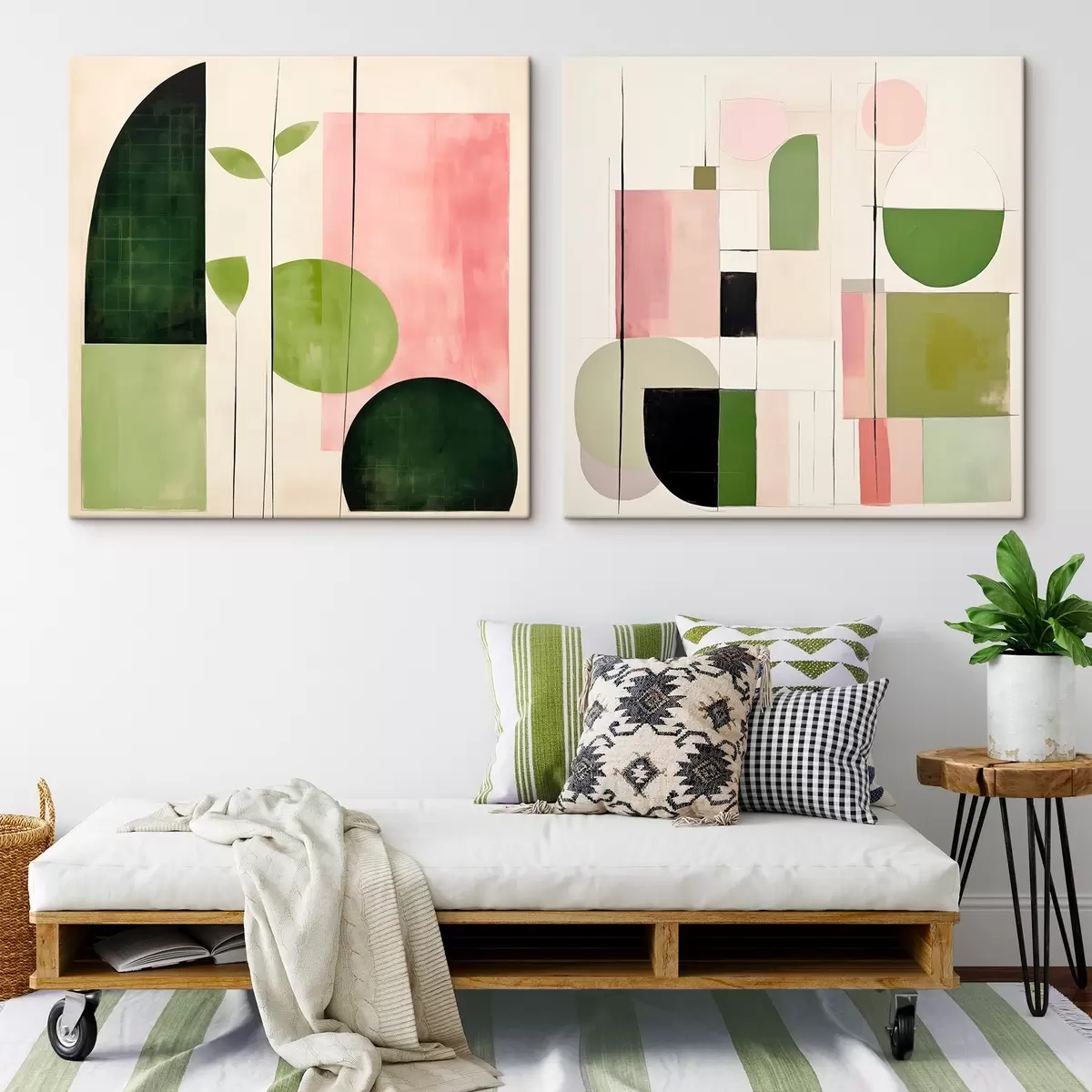 Paveikslėlis Minimalistinis diptikas su stilizuota flora ir geometrija m00894