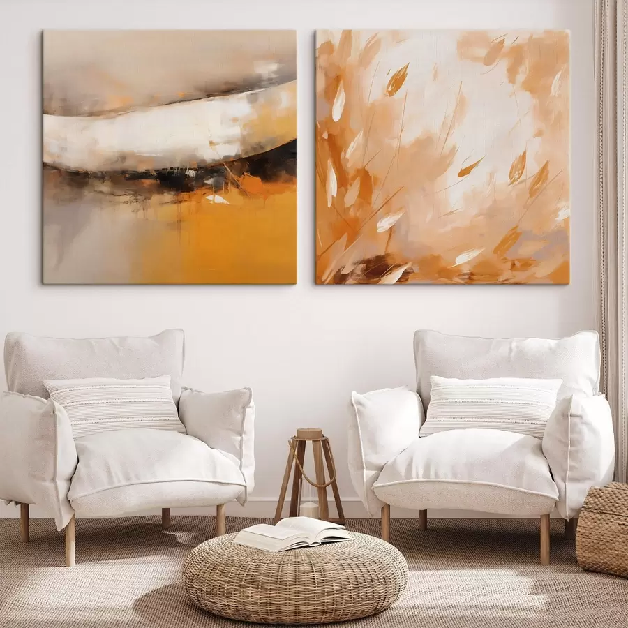 Paveikslėlis Abstraktus diptikas aliejaus stiliumi su geltonai oranžiniais ir juodais atspalviais m00897