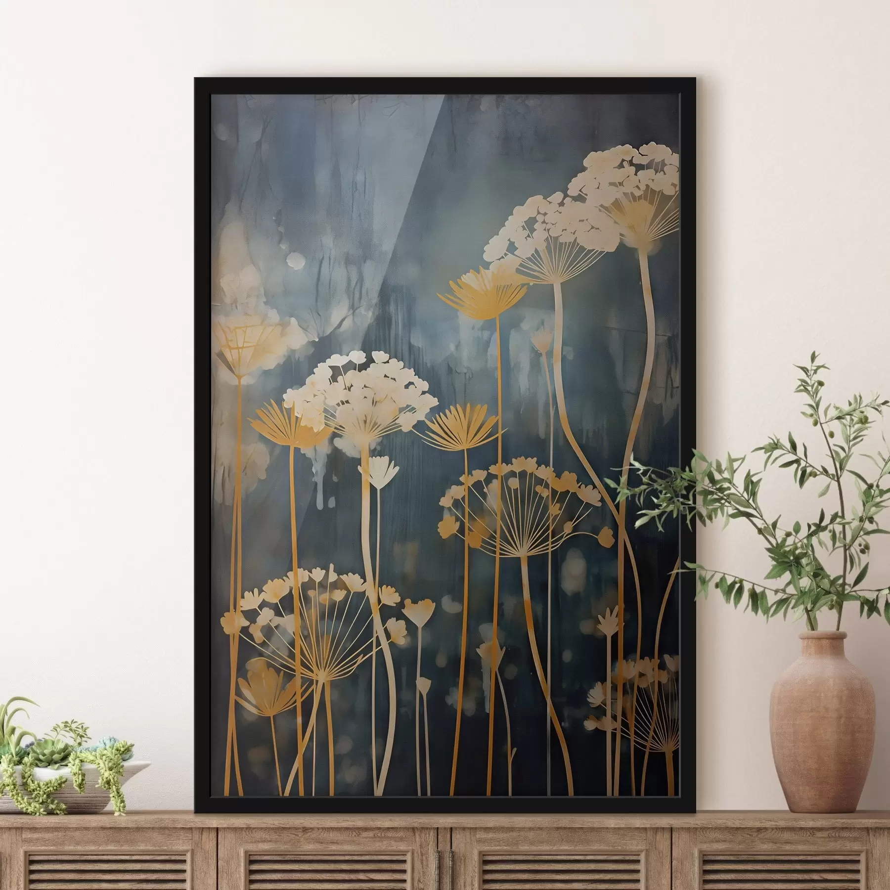 Fototapetai Stilizuoti gėlės su plonais stiebais ant tamsaus fono f46188