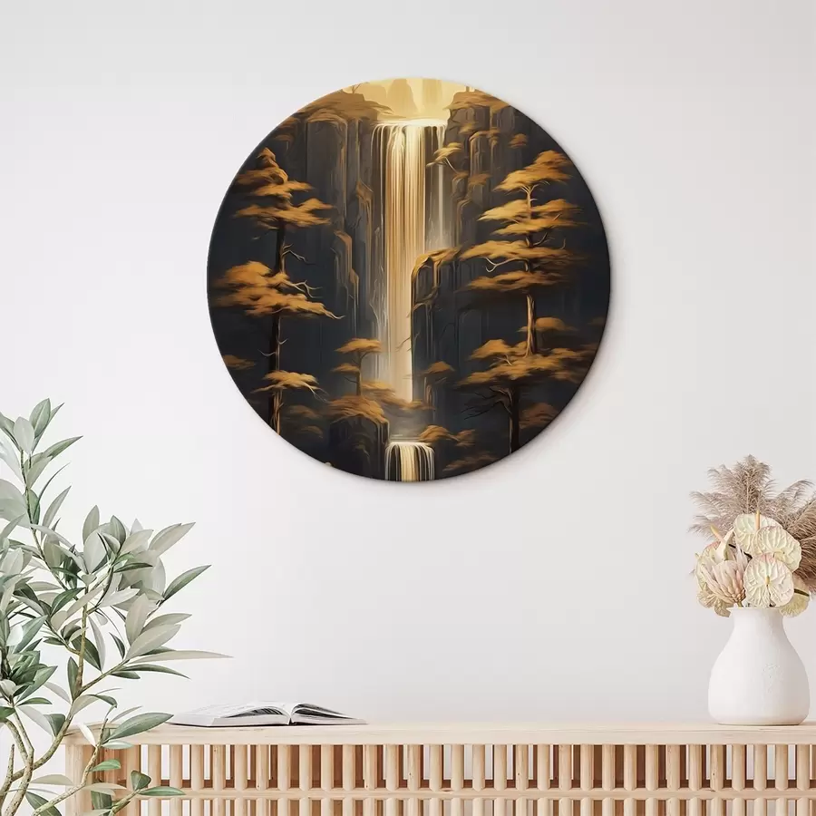 Paveikslėlis Aukštos uolos su kriokliu ir pušimis vakaro šviesoje r46151