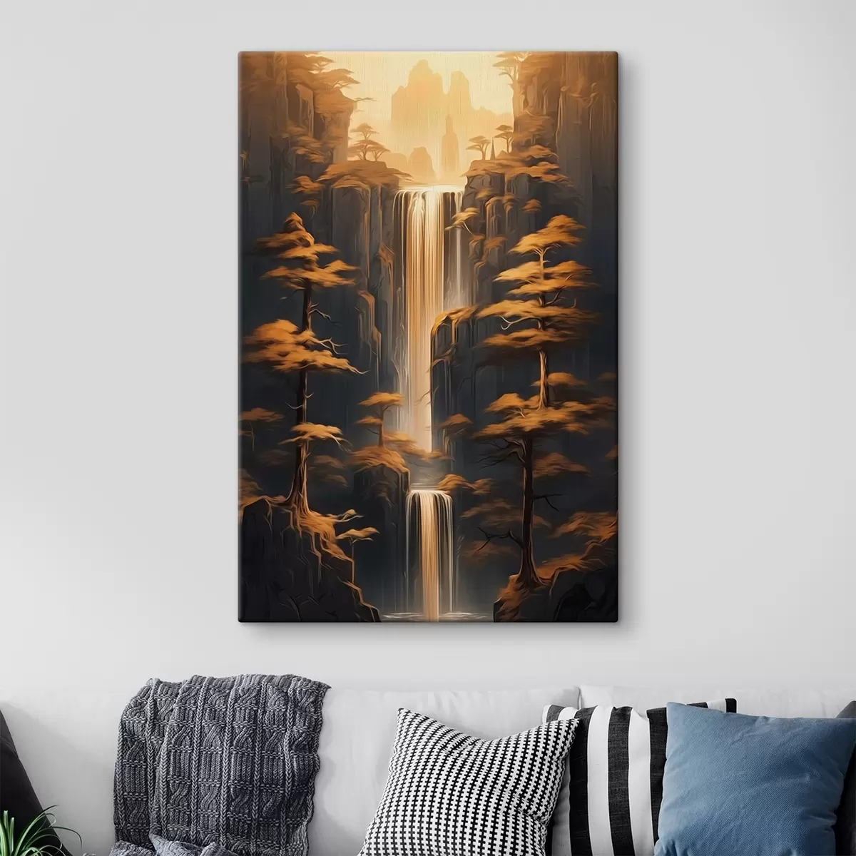 Paveikslėlis Aukštos uolos su kriokliu ir pušimis vakaro šviesoje s46151