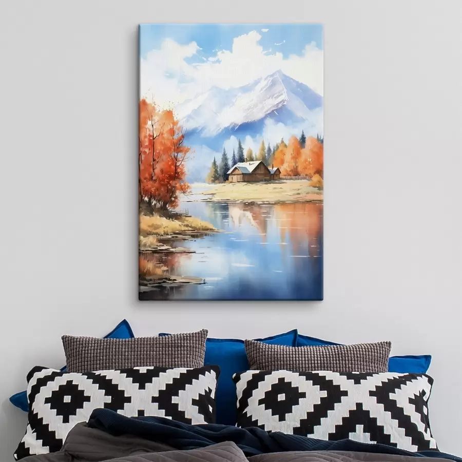 Paveikslėlis Rudens peizažas prie ežero su namu ir kalnais s46184