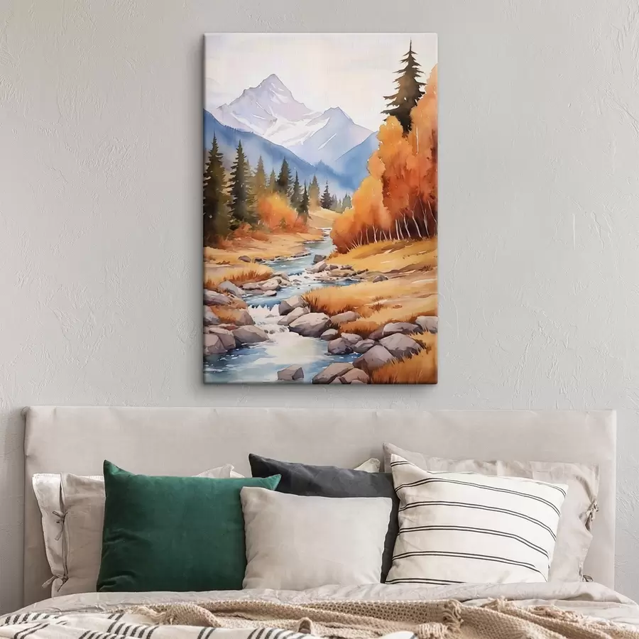 Paveikslėlis Rudens kalnų peizažas su upe ir ryškiais miškais s46187