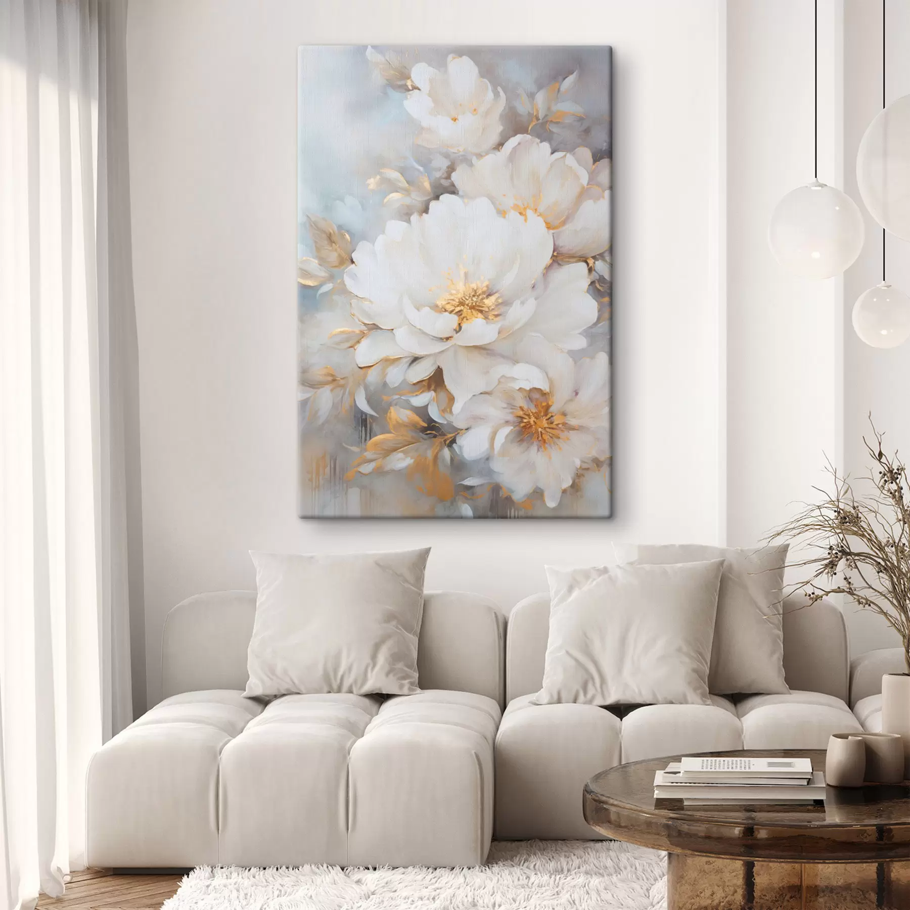 Paveikslėlis Baltais žiedais ir geltonomis šerdimis bei lapais puotos, švelnūs potėpiai, šviesiai mėlynas fonas, gėlių kompozicija s46271