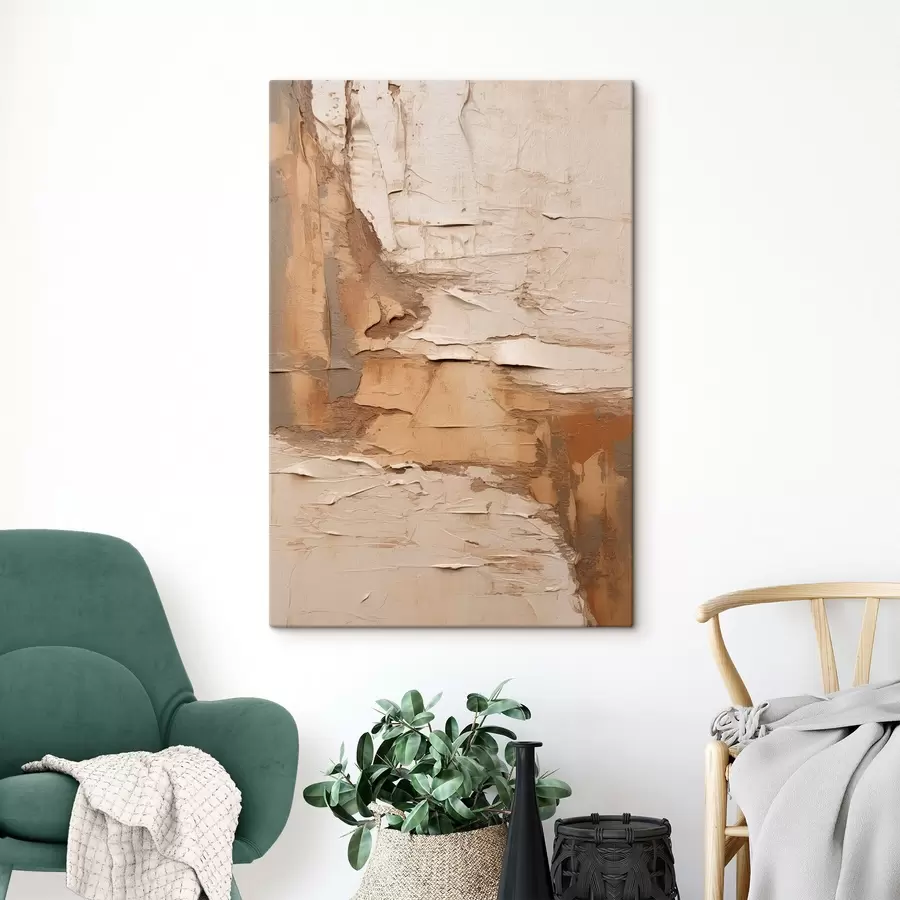 Paveikslėlis Abstraktus paveikslas su storais potėpiais, smėlio ir rudos spalvos tonais, tekstūruotu paviršiumi, neutralių spalvų palete s46273