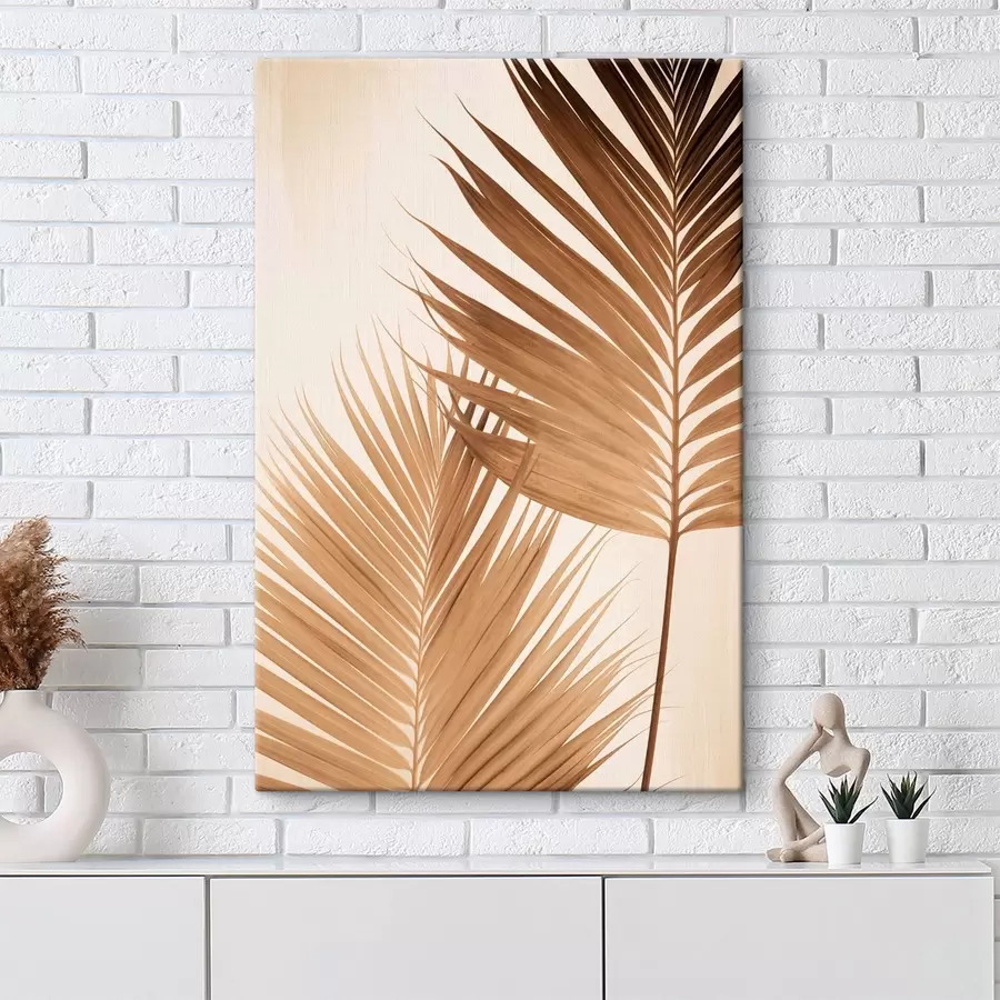 Paveikslėlis Rudos spalvos palmių lapai, neutralus fonas, minimalistinis stilius, natūralus apšvietimas, tropinė atmosfera s46274