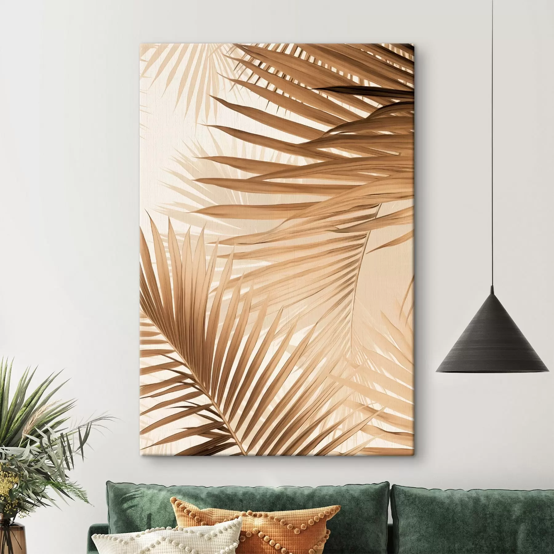 Paveikslėlis Abstrakčios palmių lapai rudos spalvos tonais, tropiniai, botaniniai, gamtos, minimalistiniai, elegantiški, modernus dizainas s46275