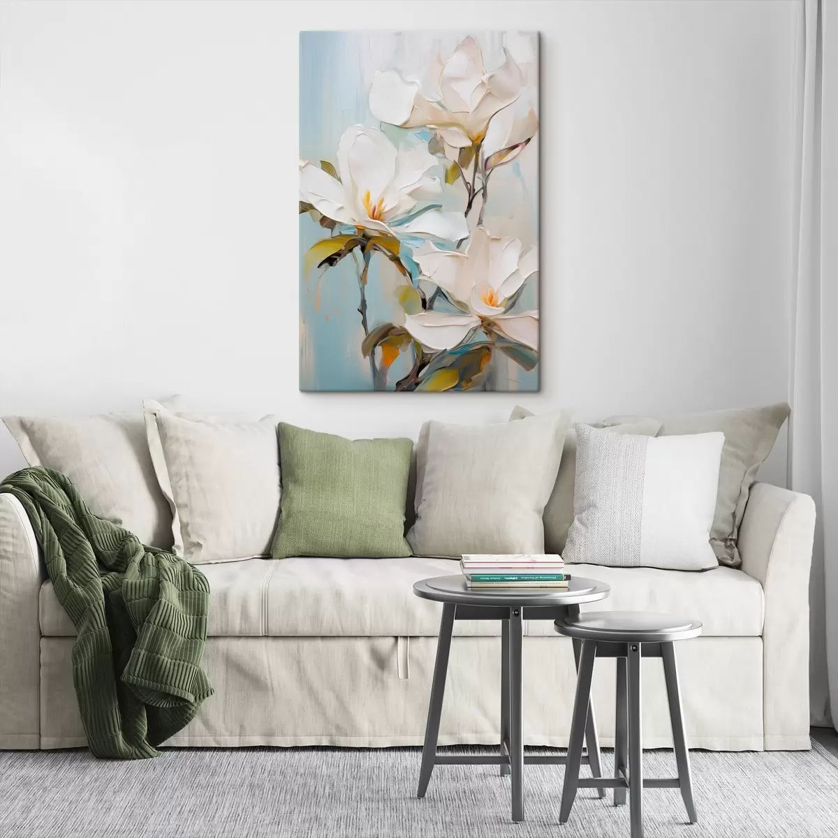 Paveikslėlis Balta magnolija, šviesiai mėlynas fonas su švelniais teptuko potėpiais, aliejaus tapybos stilius, impasto tekstūra s46276 - Uwalls.lt Paveikslėlis Balta magnolija, šviesiai mėlynas fonas su švelniais teptuko potėpiais, aliejaus tapybos stilius, impasto tekstūra s46276