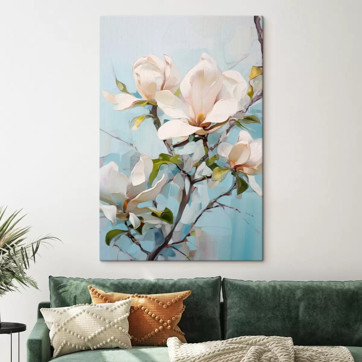 Paveikslėlis Balta magnolija, šviesiai mėlynas fonas su švelniais teptuko potėpiais, aliejaus tapybos stilius, impasto tekstūra s46277 - Uwalls.lt Paveikslėlis Balta magnolija, šviesiai mėlynas fonas su švelniais teptuko potėpiais, aliejaus tapybos stilius, impasto tekstūra s46277