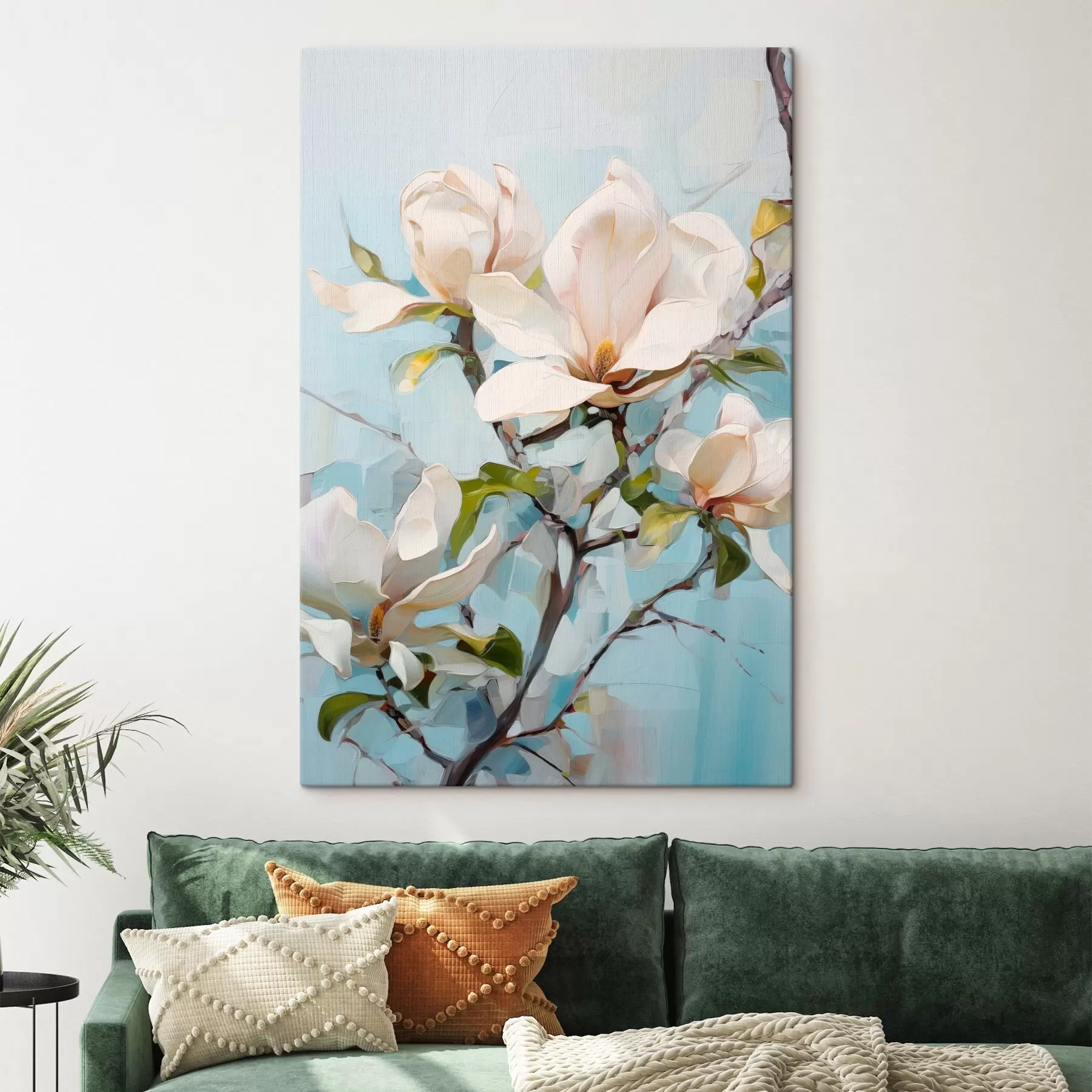 Paveikslėlis Balta magnolija, šviesiai mėlynas fonas su švelniais teptuko potėpiais, aliejaus tapybos stilius, impasto tekstūra s46277