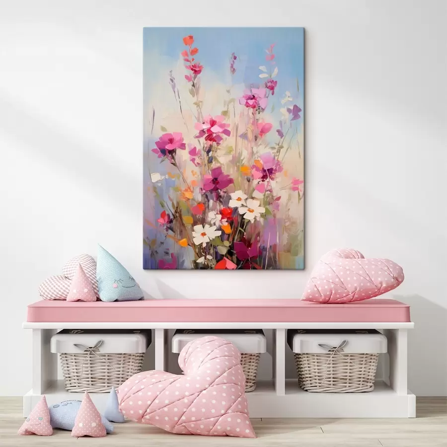 Paveikslėlis Ryškiai rožinės, baltos ir žalios gėlės ant švelnaus, pastelinės spalvos fono s46278