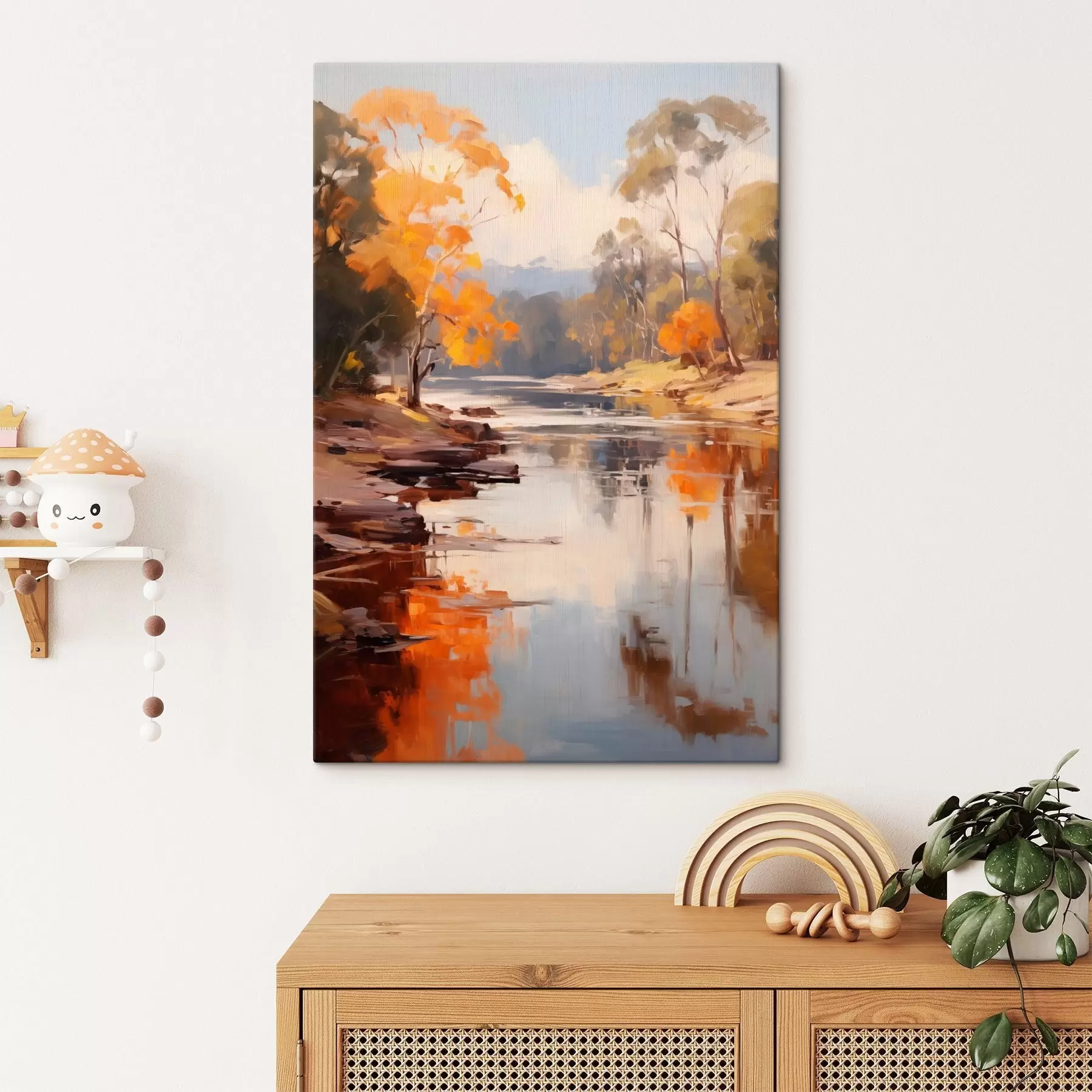 Paveikslėlis Rudens peizažas, upė su medžiais krante, miškas fone, atspindžiai vandenyje s46280