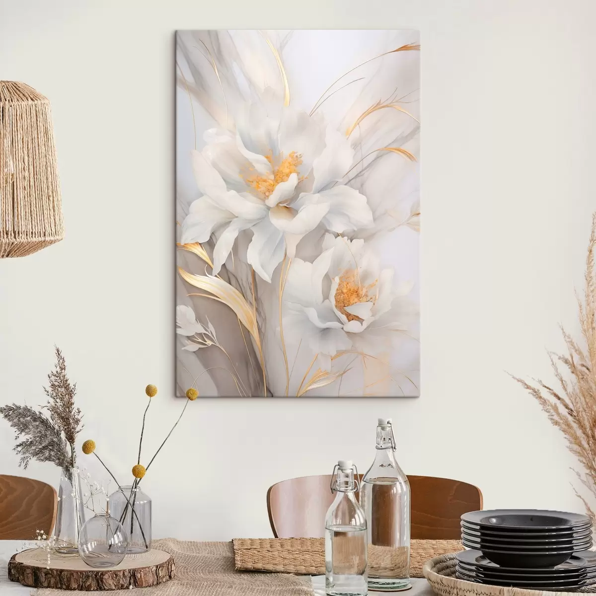 Paveikslėlis Balta gėlė su geltonomis piestelėmis ir stiebais, subtiliais žiedlapiais, elegantiška kompozicija, neutralus fonas s46293 - Uwalls.lt Paveikslėlis Balta gėlė su geltonomis piestelėmis ir stiebais, subtiliais žiedlapiais, elegantiška kompozicija, neutralus fonas s46293