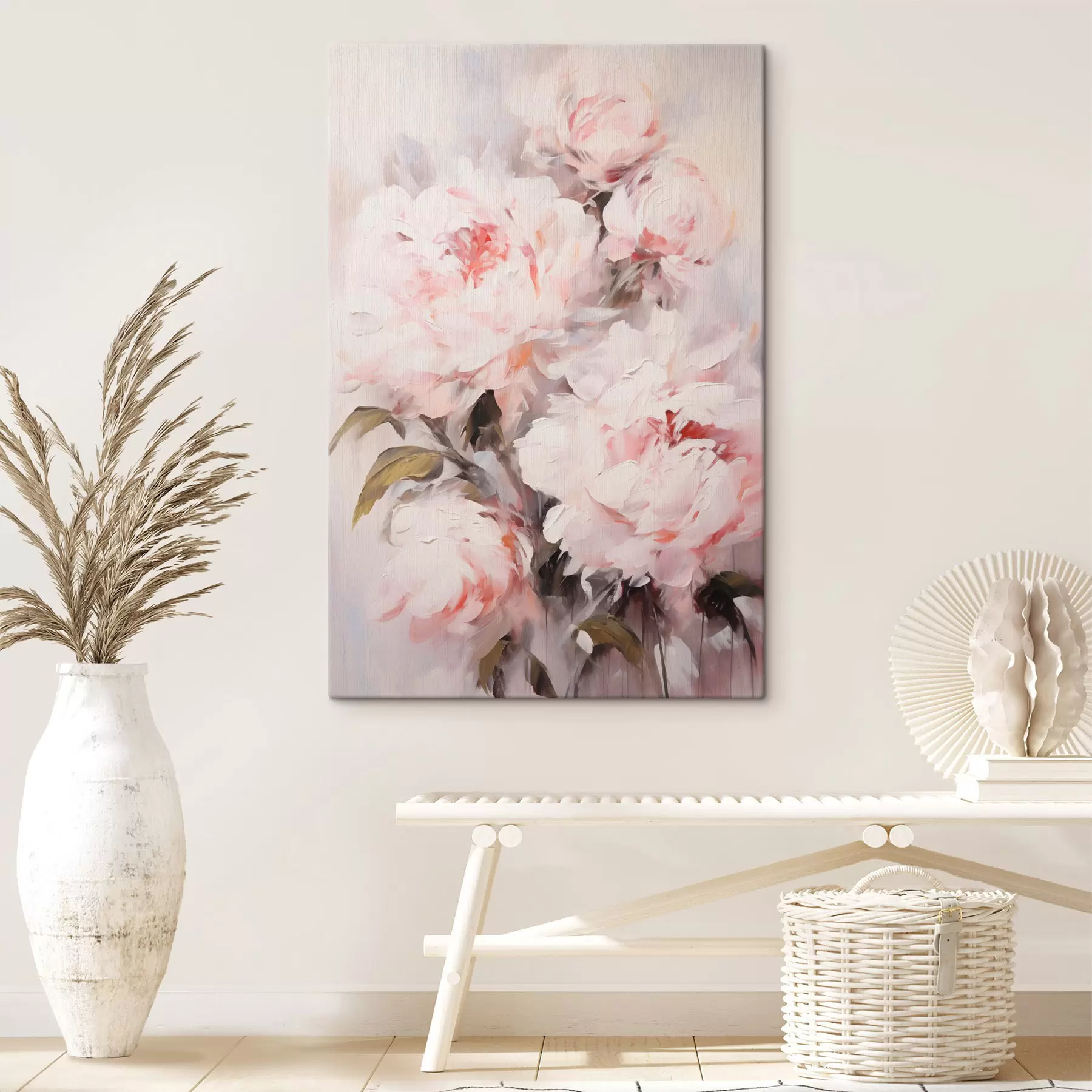 Paveikslėlis Šviesiai rožinių bijūnų puokštė su žaliais lapais, švelniais potėpiais, pastelinėmis spalvomis, šviesiu fonu s46294