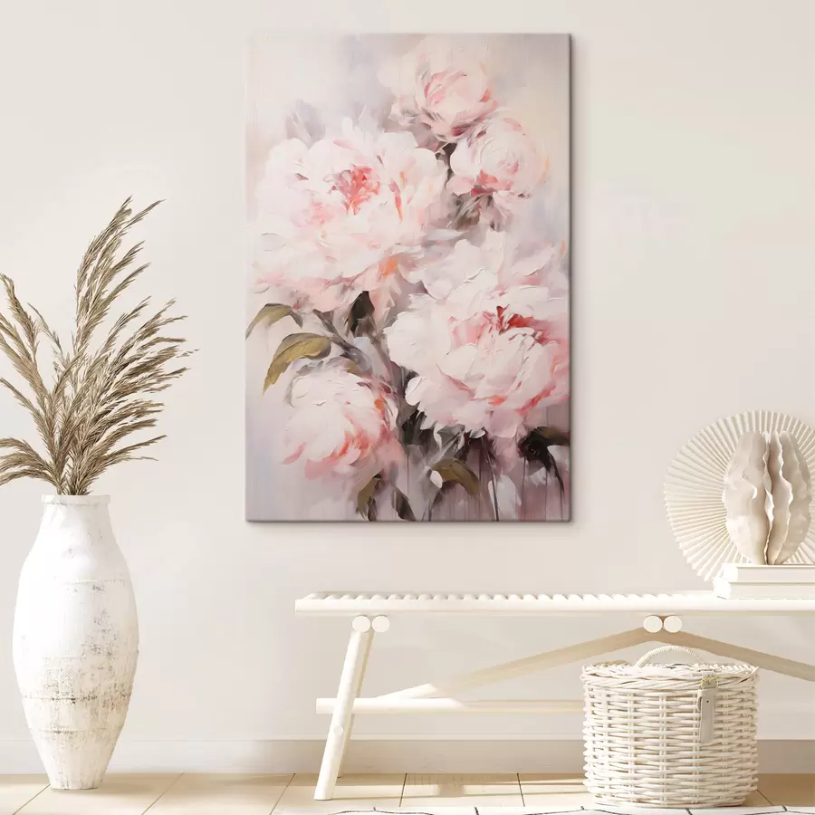 Paveikslėlis Šviesiai rožinių bijūnų puokštė su žaliais lapais, švelniais potėpiais, pastelinėmis spalvomis, šviesiu fonu s46294