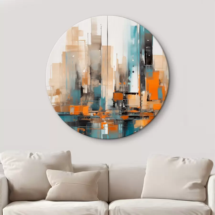 Paveikslėlis Abstraktus miesto peizažas su oranžiniais, žaliais ir rudais vertikaliais potėpiais ir geometrinėmis formomis r46266