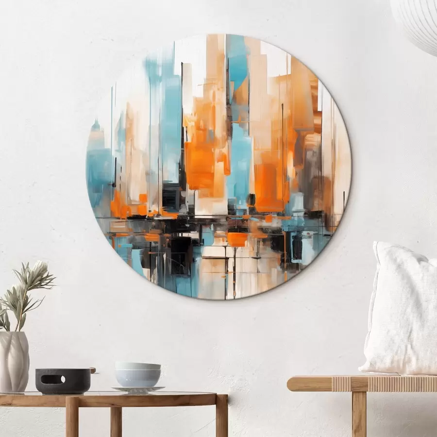 Paveikslėlis Abstraktus miesto peizažas su vertikaliais potėpiais oranžinių, mėlynų ir baltų atspalvių, tapybos stilius r46267