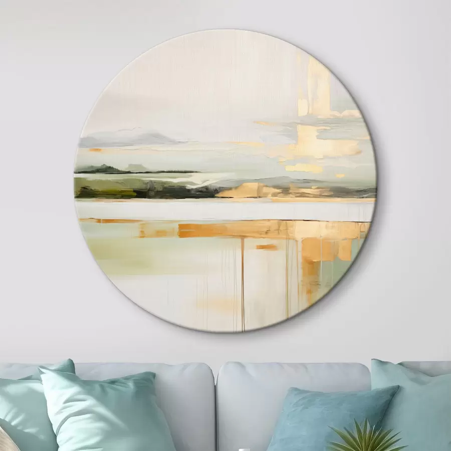 Paveikslėlis Abstraktus peizažas su geltonais akcentais, minimalistinė žemės, vandens ir dangaus kompozicija, su prislopintomis spalvomis. r46268