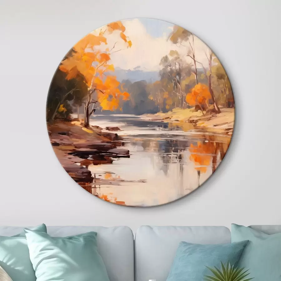 Paveikslėlis Rudens peizažas, upė su medžiais krante, miškas fone, atspindžiai vandenyje r46280