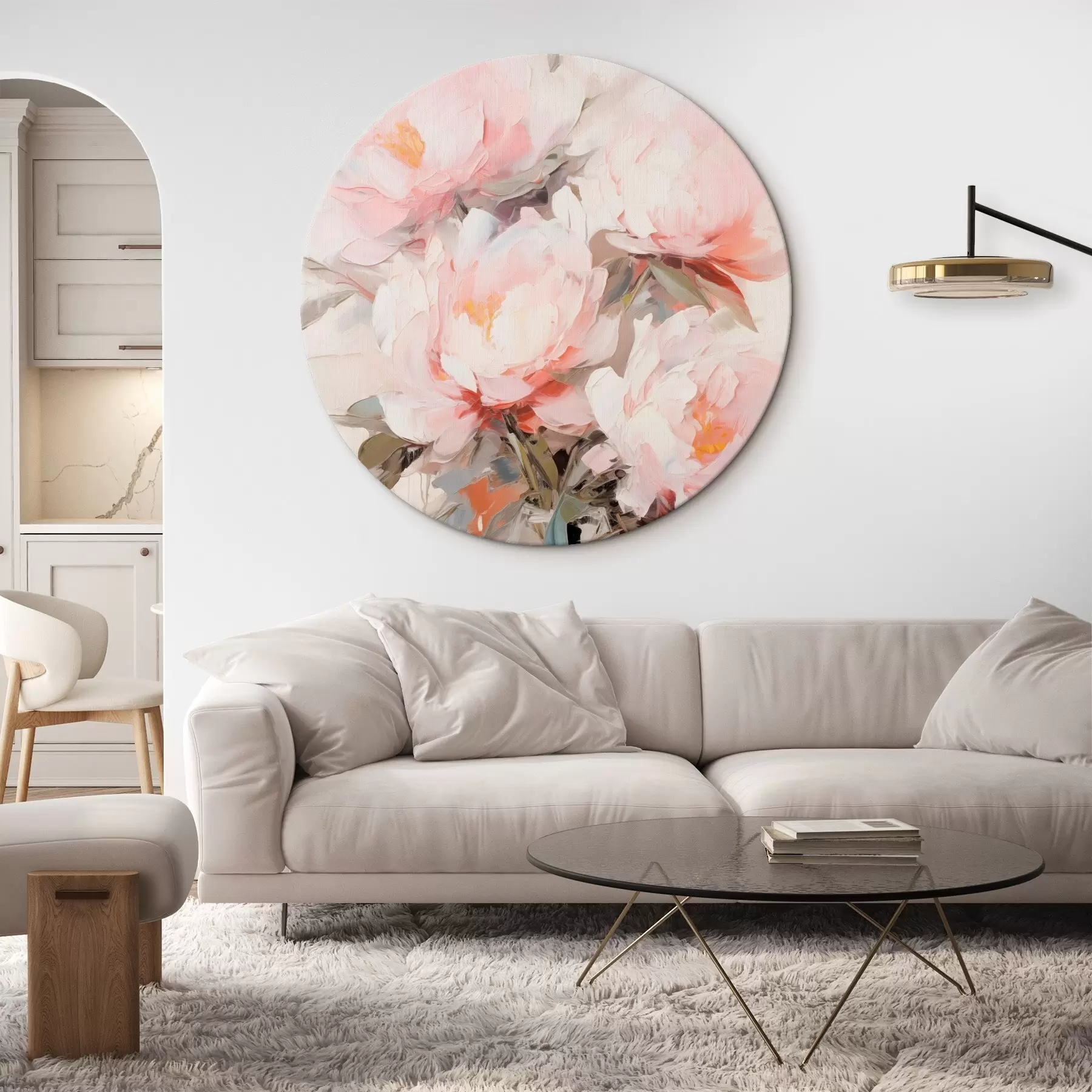 Paveikslėlis Rožinių ir baltų bijūnų puokštė stikliniame vazone, švelnūs potėpiai, pastelinės spalvos, neutralus fonas r46295