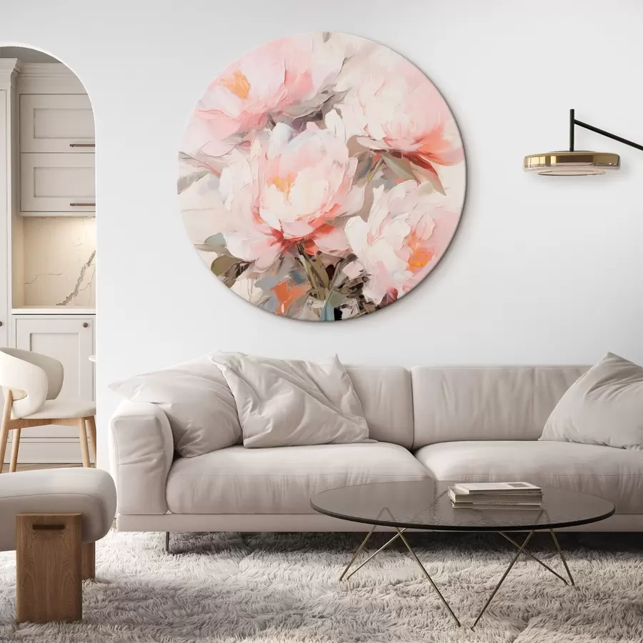 Paveikslėlis Rožinių ir baltų bijūnų puokštė stikliniame vazone, švelnūs potėpiai, pastelinės spalvos, neutralus fonas r46295