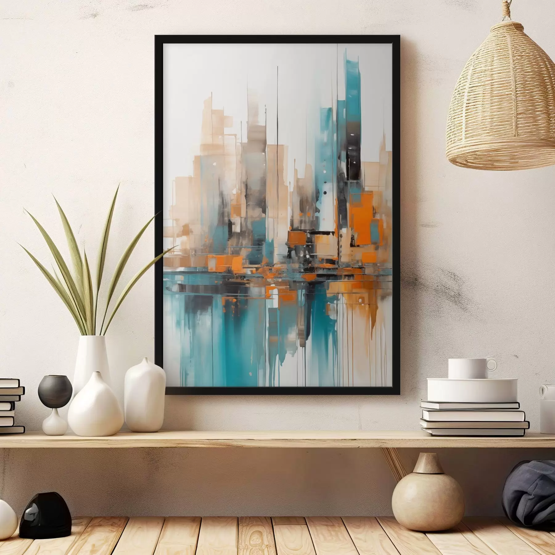 Fototapetai Abstraktus miesto peizažas su oranžiniais, žaliais ir rudais vertikaliais potėpiais ir geometrinėmis formomis f46266