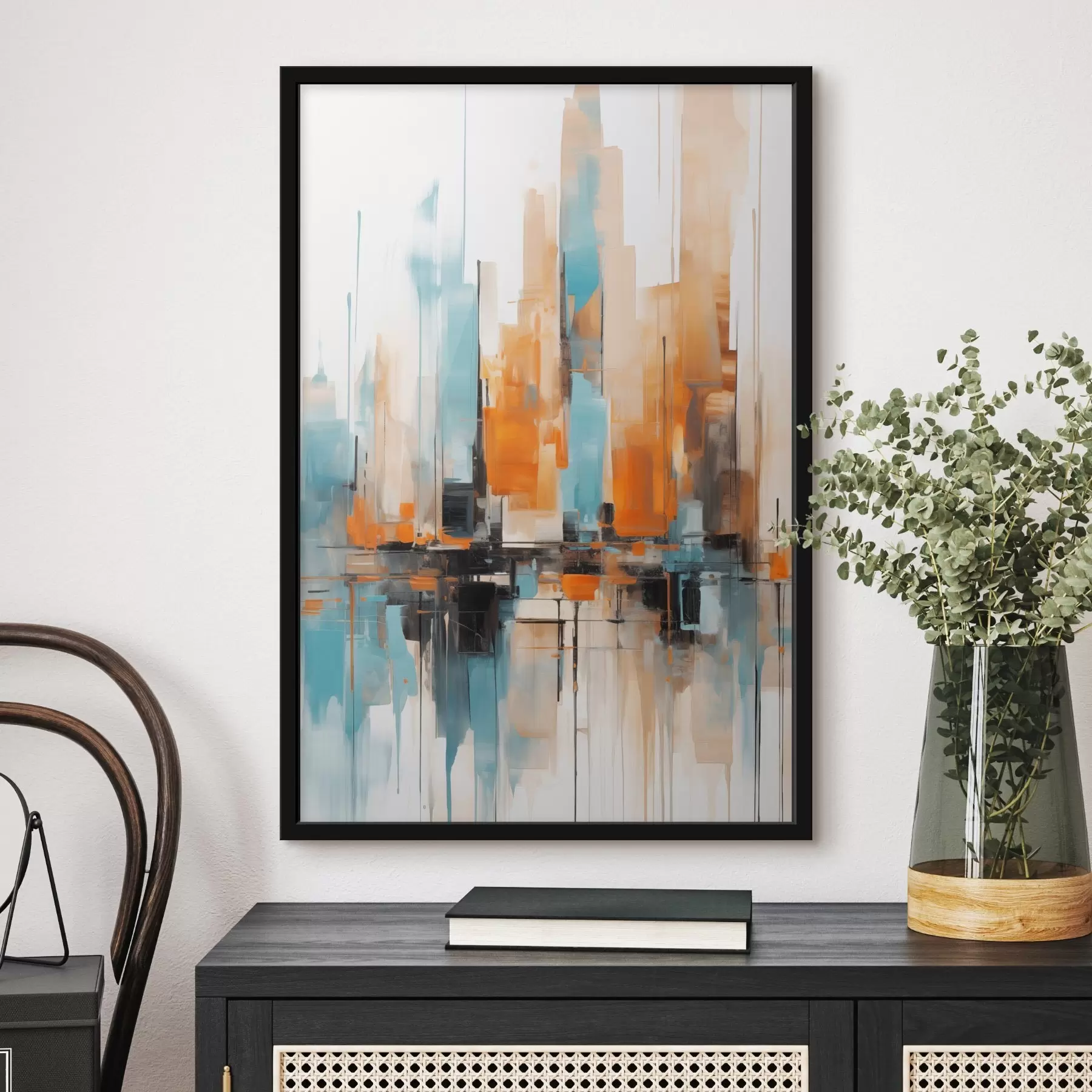 Fototapetai Abstraktus miesto peizažas su vertikaliais potėpiais oranžinių, mėlynų ir baltų atspalvių, tapybos stilius f46267