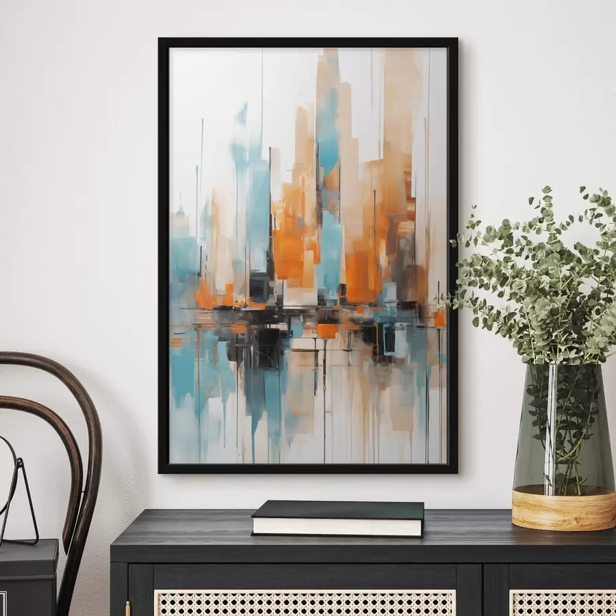 Fototapetai Abstraktus miesto peizažas su vertikaliais potėpiais oranžinių, mėlynų ir baltų atspalvių, tapybos stilius f46267