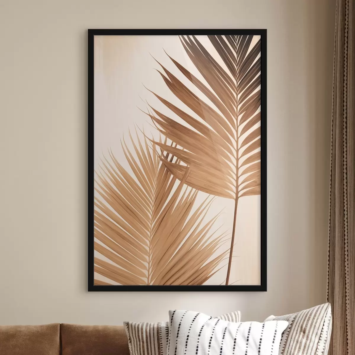 Plakatas Rudos spalvos palmių lapai, neutralus fonas, minimalistinis stilius, natūralus apšvietimas, tropinė atmosfera f46274