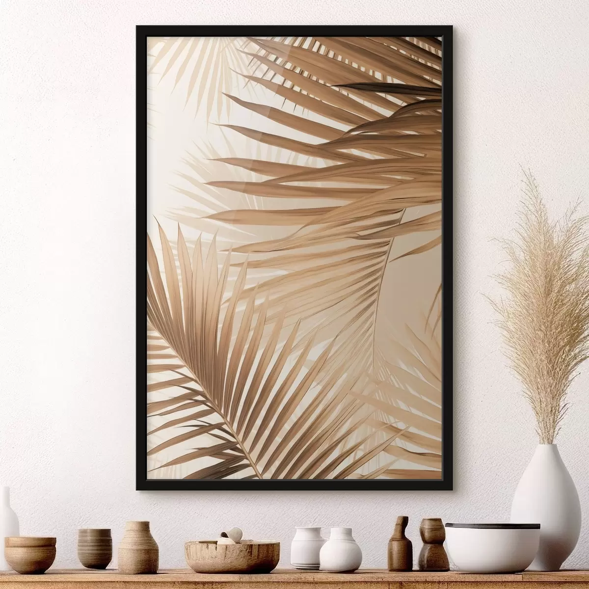 Plakatas Abstrakčios palmių lapai rudos spalvos tonais, tropiniai, botaniniai, gamtos, minimalistiniai, elegantiški, modernus dizainas f46275