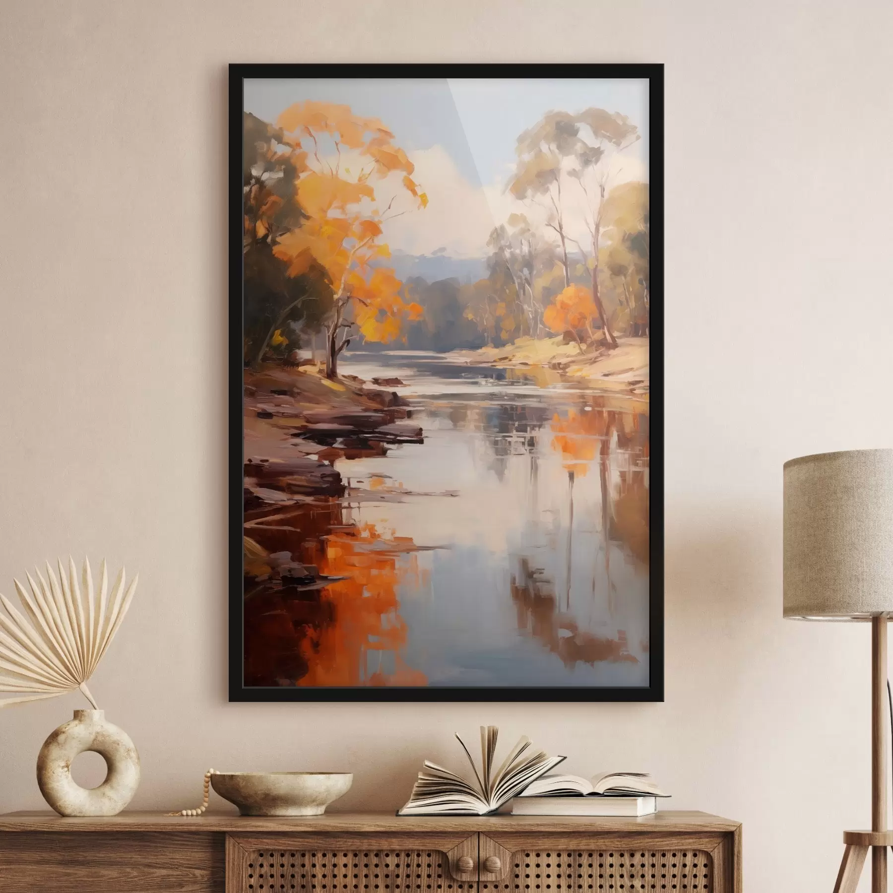 Fototapetai Rudens peizažas, upė su medžiais krante, miškas fone, atspindžiai vandenyje f46280