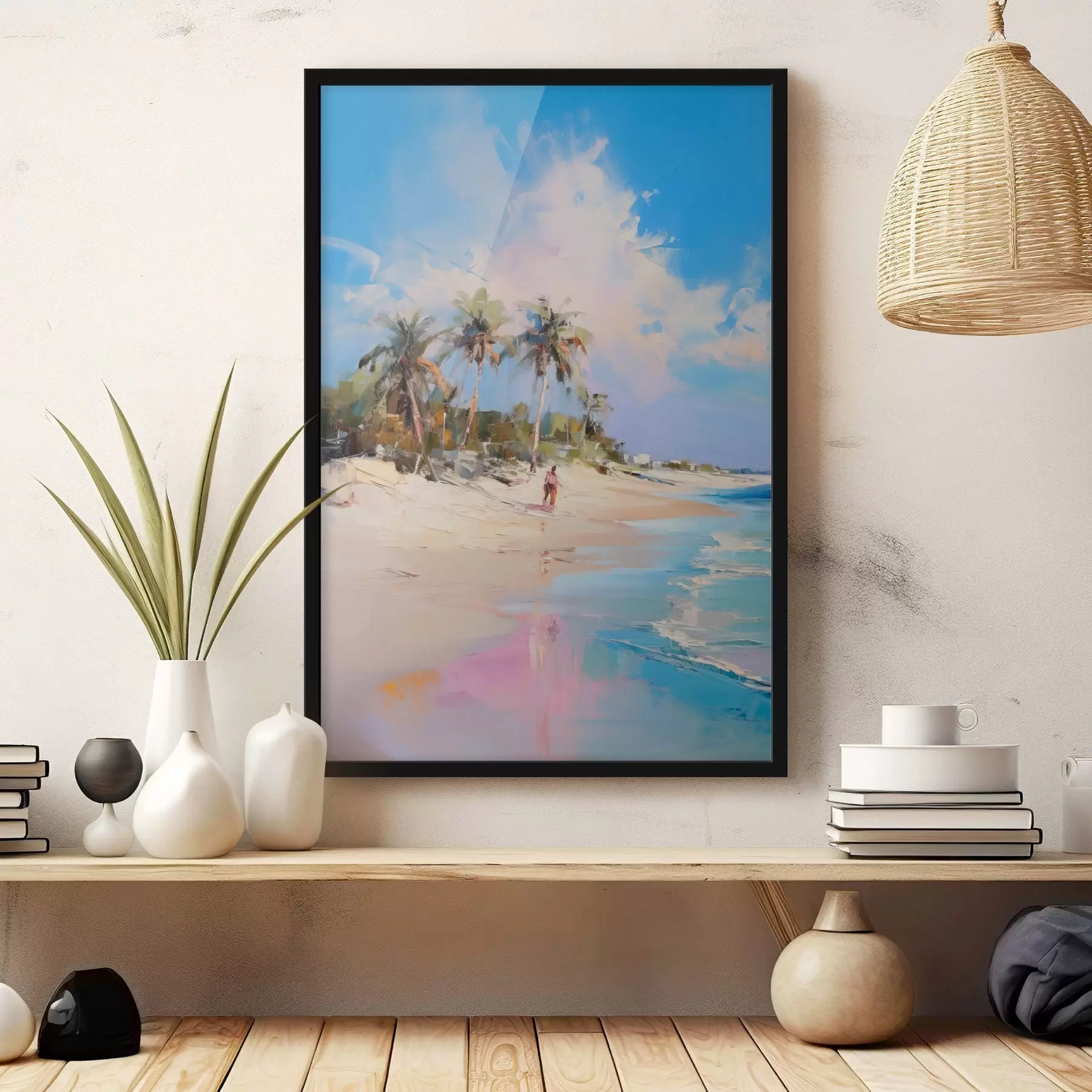 Fototapetai Abstraktus peizažas, paplūdimys su palmių medžiais, saulėta diena su mėlynu dangumi ir keliais debesimis f46284