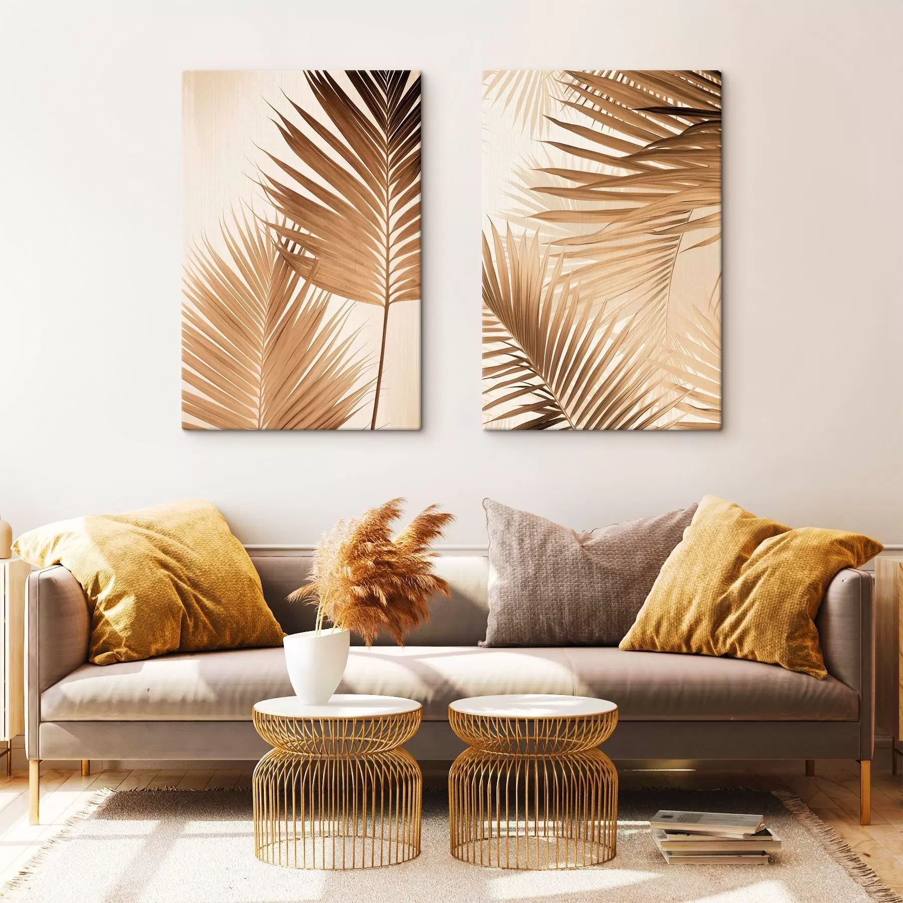 Paveikslėlis Rudos spalvos palmių lapai, neutralus fonas, minimalistinis stilius, natūralus apšvietimas, tropinė atmosfera m00880
