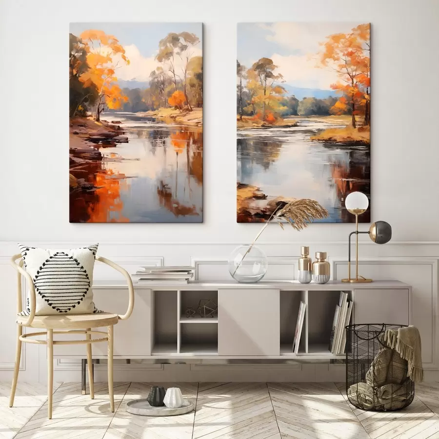 Paveikslėlis Rudens peizažas, upė su medžiais krante, miškas fone, atspindžiai vandenyje m00883