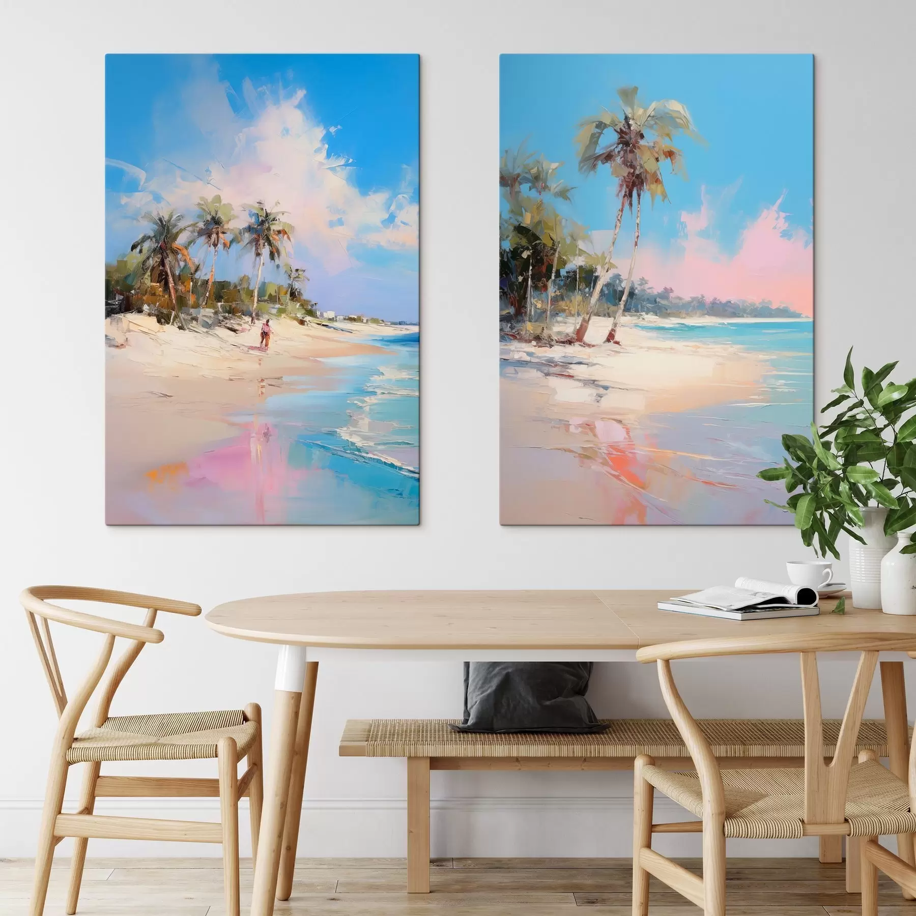 Paveikslėlis Abstraktus peizažas, paplūdimys su palmių medžiais, saulėta diena su mėlynu dangumi ir keliais debesimis m00885