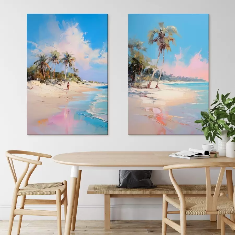 Paveikslėlis Abstraktus peizažas, paplūdimys su palmių medžiais, saulėta diena su mėlynu dangumi ir keliais debesimis m00885