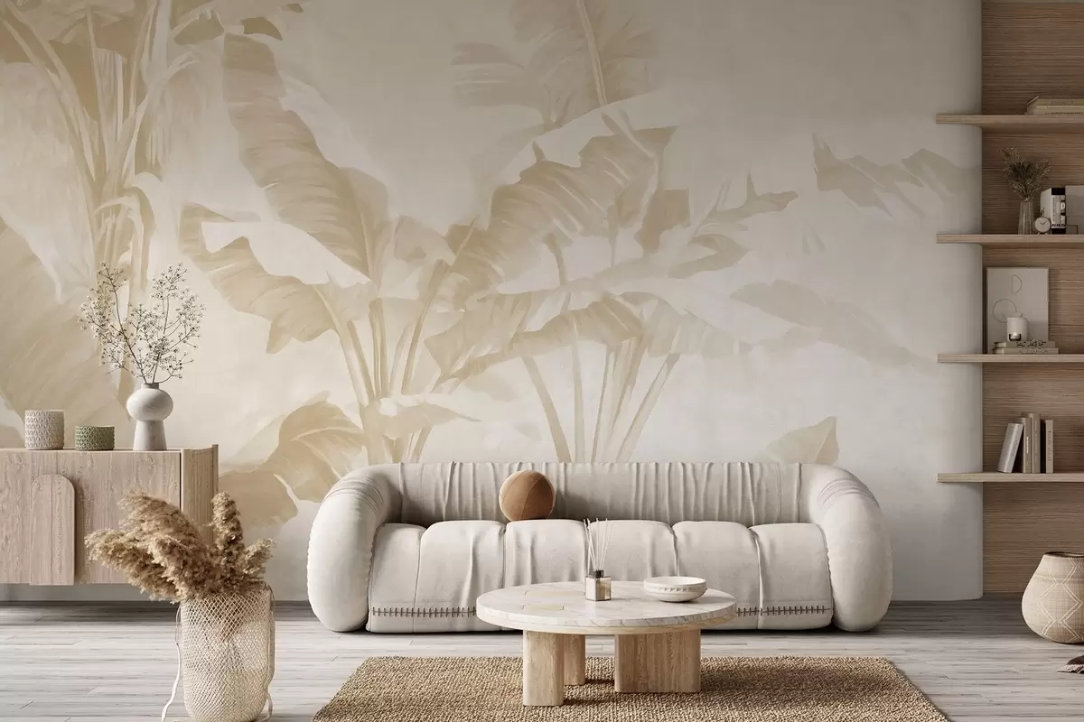 Fototapetai Tropiniai bananų lapai švelniais smėlio atspalviais w09311v2 - Uwalls.lt Fototapetai Tropiniai bananų lapai švelniais smėlio atspalviais w09311v2