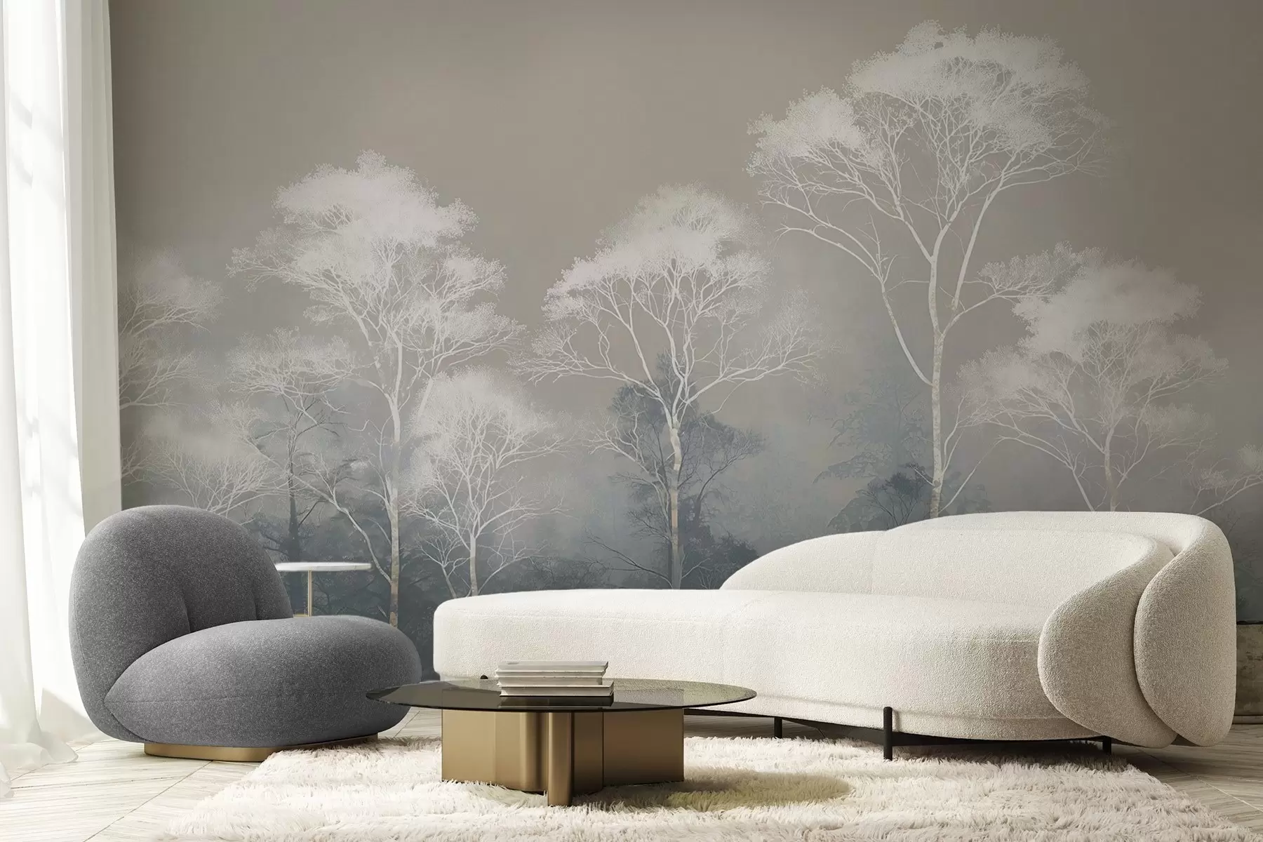 Fototapetai Minimalistinės medžių kompozicijos mėlynai pilkos spalvos paletėje, rūke w09448