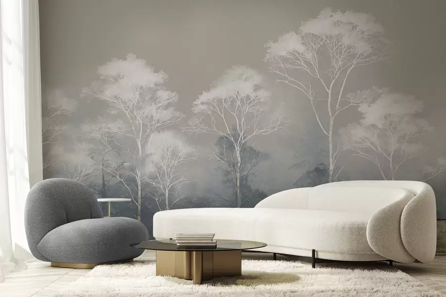 Fototapetai Minimalistinės medžių kompozicijos mėlynai pilkos spalvos paletėje, rūke w09448