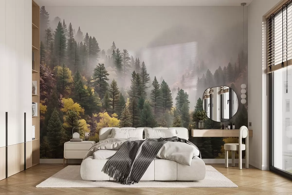 Fototapetai Atmosferinis rūko apgaubtas pušynas kalnuose w09463