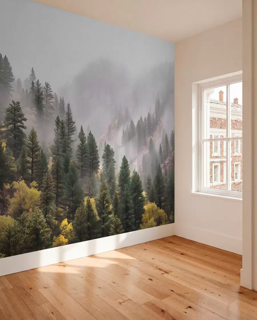 Fototapetai Atmosferinis rūko apgaubtas pušynas kalnuose w09463