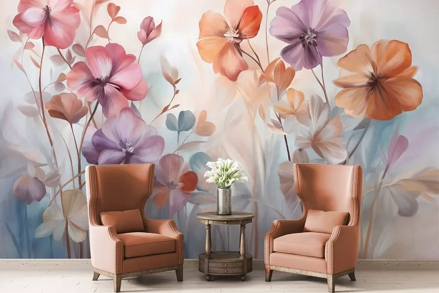 Fototapetai Tekstūrinė gėlių kompozicija su rožiniais, violetiniais ir oranžiniais žiedais, žaliais stiebais ir lapais, švelniomis pastelinėmis spalvomis w09486