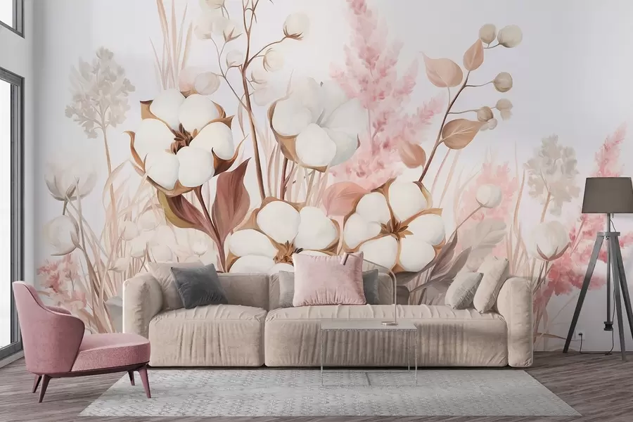 Fototapetai Medvilnės tekstūros gėlės su baltomis ir rožinėmis pampų žolėmis, smėlio ir rudos spalvos lapais bei žolelėmis, baltas fonas w09489