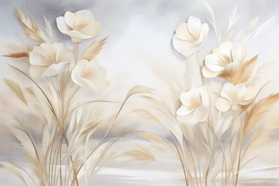 Fototapetai Balta gėlė, smėlio spalvos nendrės ir pampų žolė, tekstūruotas, elegantiškas, minimalistinis stilius, abstraktus peizažo fonas w09490