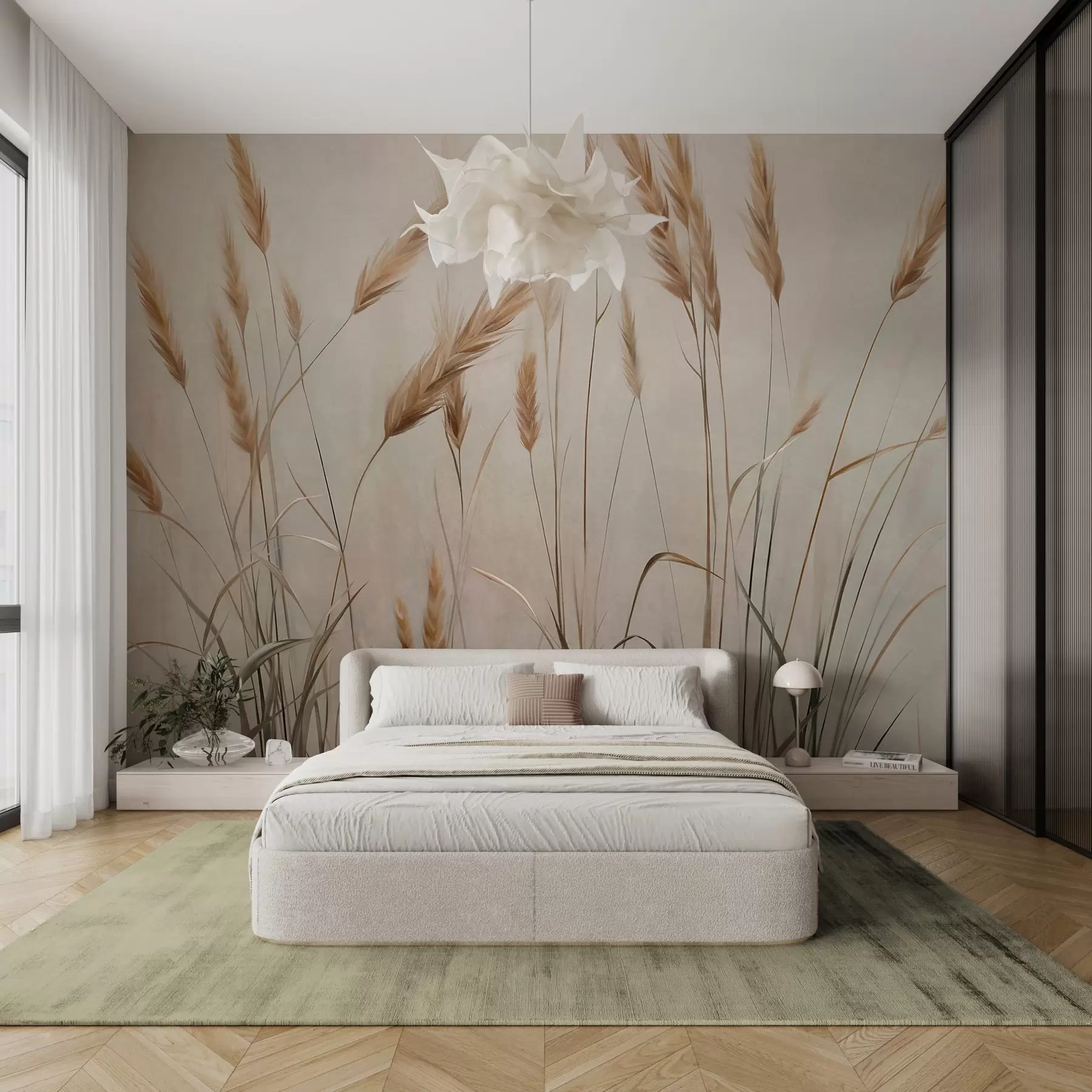 Fototapetai Kviečių tekstūruotas laukas su geltonomis varpomis, smėlio spalvos fonas, natūralus apšvietimas, šilti tonai, detalūs potėpiai w09493